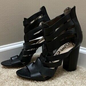 Sam Edelman Yazmine Black Leather Strappy Block Heels Size 9